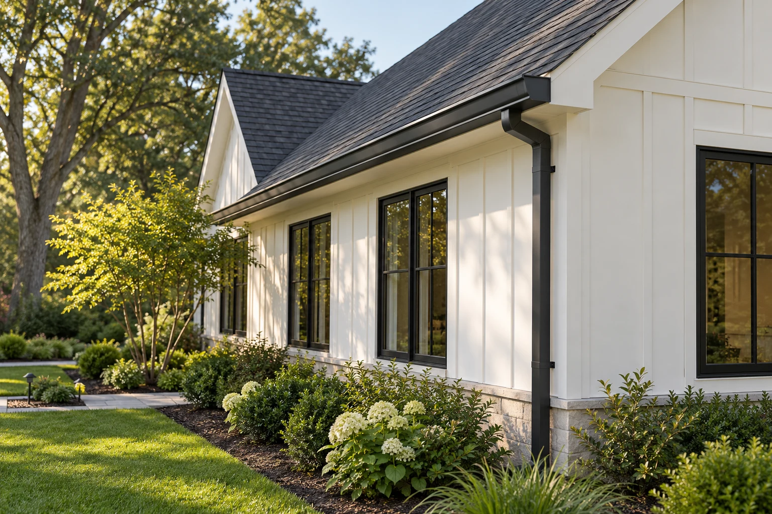 A white home with charcoal gutters and a neatly fitted downspout beside landscaped gardens