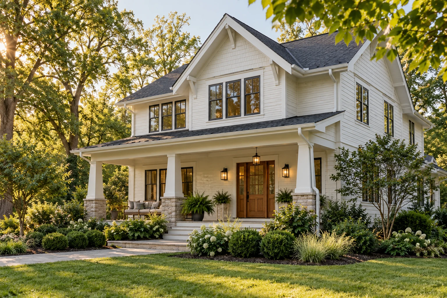 A welcoming front porch with natural wood doors and landscaped flowerbeds